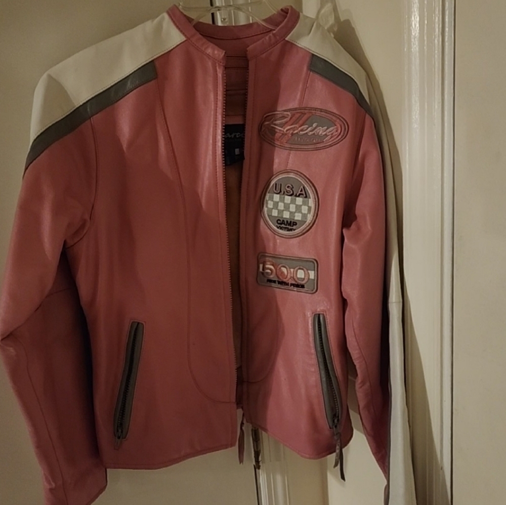 Women Leather Jacket, Size Small, Pink and White